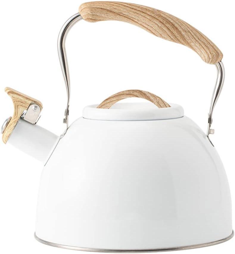 Whistling Tea Kettle with Wood Handle Stainless Steel Teakettle Teapot Stove Top Teapot for Home Kitchen Outdoor Camping Hiking 3L White