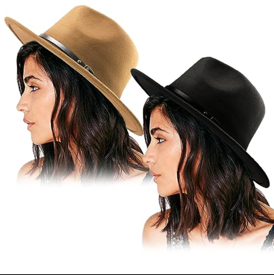 DRESHOW Women Belt Buckle Fedora Hat Classic Wide Brim Felt Panama Hat