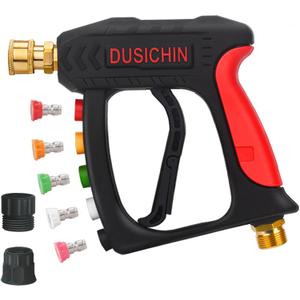 DUSICHIN Power Washer Gun Short Wand With Color-coded Tip Holder on Handle, 5 Tips Car Wash Spray Gun M22-14mm Inlet, High Pressure On Pressure Washers, Garden Hose Adapter for Low Pressure Use