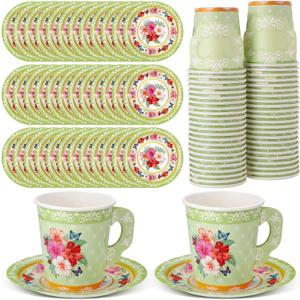 Nuogo 200 Pcs Floral Paper Tea Cups and Saucers 7 oz Disposable Paper Teacups with Handle and Plates for Tea Party Decoration Wedding Birthday Baby Shower Bridal Mother's Day, Serve 100(Green)