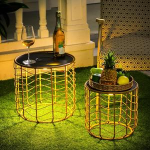 Sumind 2 Sets Solar Nesting Tables with Built-in Lights Cutout Wicker Round Tables for Patio Porch Garden Side Table Outdoor Living Natural Stylish Design