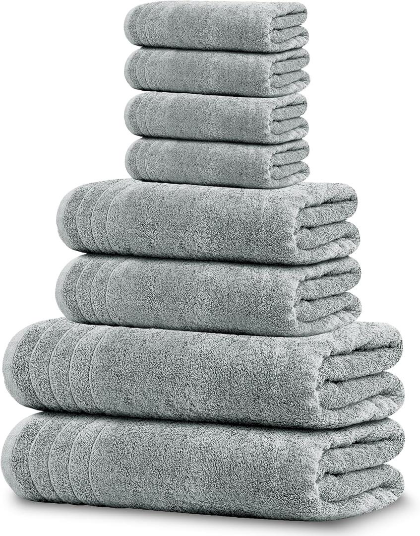 Tens Towels Pack of 8 Towels Set, 2 Extra Large Bath, 2 Hand, 4 Washcloths, 100% Cotton, Lighter Weight, Quicker to Dry, Super Absorbent, Perfect for Bathroom, Cool Grey
