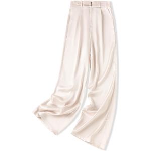 Betusline Women's Wide Leg Satin Dress Pants Long Straight Casual Flowy Silky Trousers, 7# Champagne Silk, Large (L)