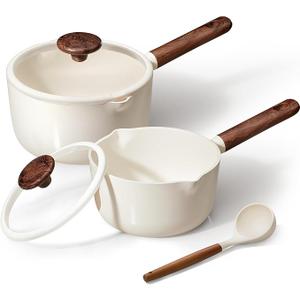 CAROTE 2QT & 3QT Sauce Pan Sets with Lid & Ladle Ceramic Nonstick Pot Set Non Toxic Saucepan Small Kitchen Cooking Pots, Easy to Clean, Induction Comptable, PFAS PTFE Free, White