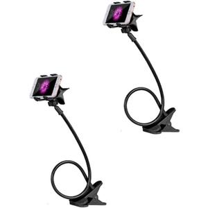 2 Pack Gooseneck Phone Holder for Bed and Desk, Flexible Long Arm Cell Phone Stand with Clamp Clip, Adjustable Overhead Bracket for Headboard, Bedside, Kitchen, or Office Use (Black)