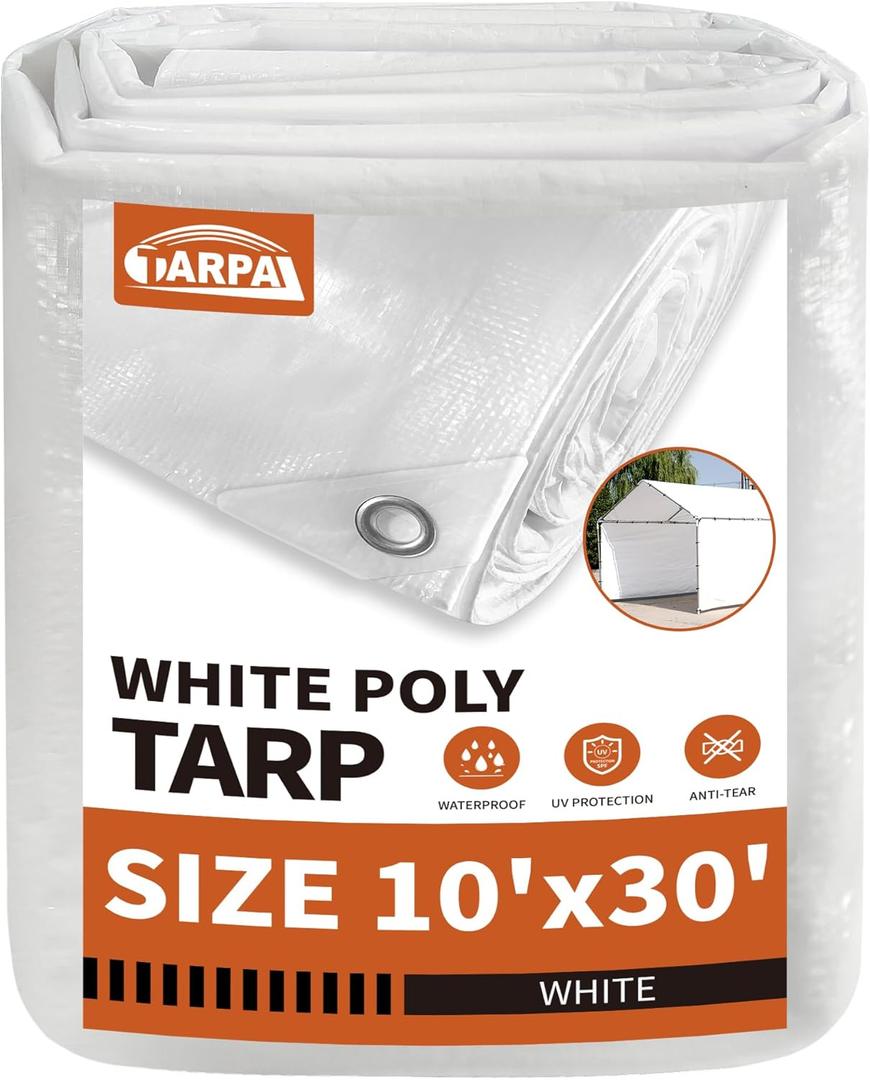 TARPAL 10'x30' Tarps White Tarp Waterproof 7.5 mil Medium Duty All Purpose Poly Tarps Cover Waterproof, Snow Proof UV Protection, Rip and Tear Proof, Poly Tarpaulin (10x30 Feet-Finished size)