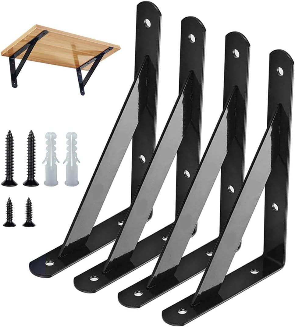 Shelf Brackets 4 Pcs Heavy Duty Triangle Shelf Brackets 6 in X 4 in Metal Shelf Support Angle Brackets Black Wall Shelf Brackets with Screws for Shelves Support DIY