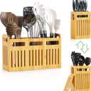 Large Bamboo Utensil Holder Set, Kitchen Utensil Organizer with Removable Divider, 3 Compartments Utensil Caddy for Kitchen Countertop (Bamboo)