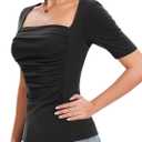 Amoretu Women's 2025 Ruched 1/2 Sleeve T-Shirts Square Neck Fitted Going Out Tops (Black, M)