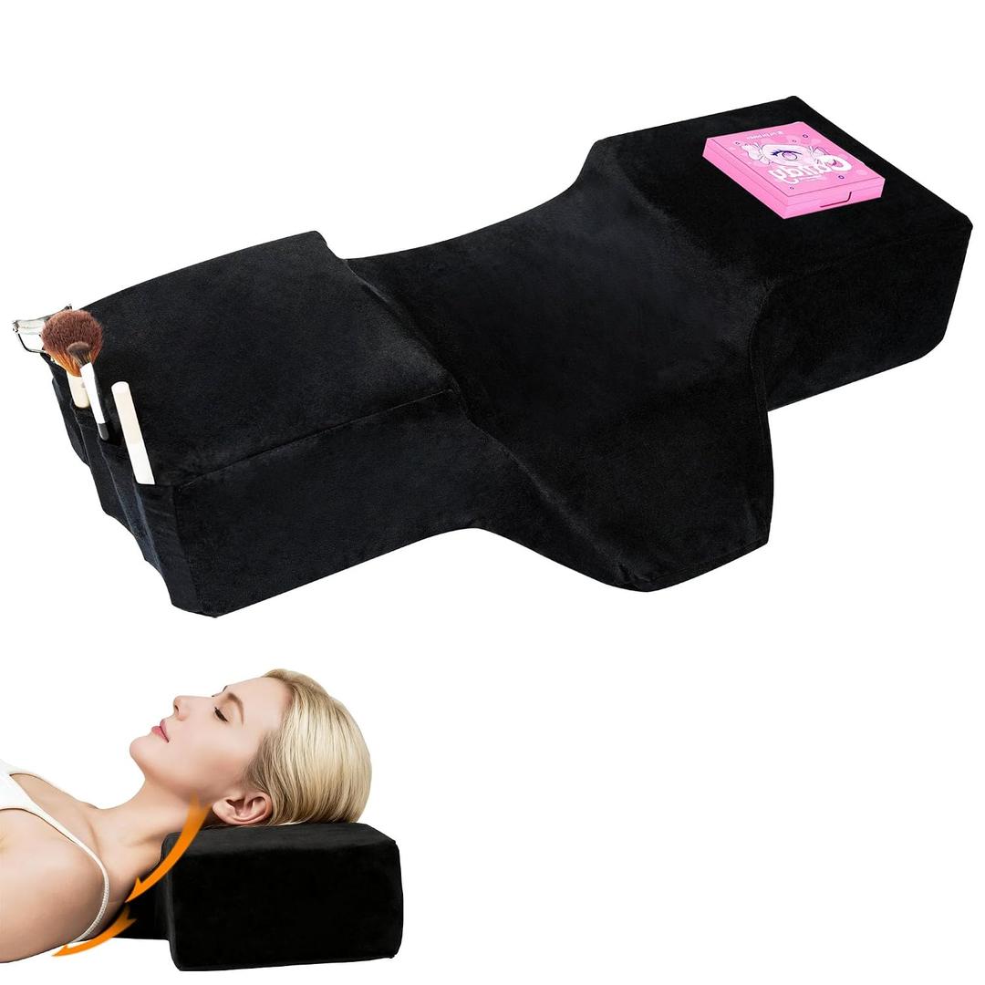 Lash Pillow for Eyelash Extensions - Ergonomic Memory Foam Bed Pillow with Neck & Back Support, Removable Velvet Cover & Side Tool Pockets, Fits Lash Beds for Tech (Black)
