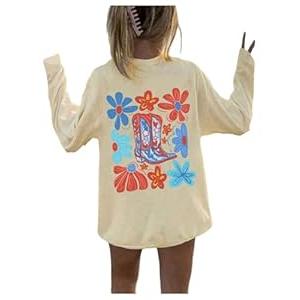 RoseSeek Girl's Floral Boots Graphic Tees Tops Long Sleeve Crewneck Cute T Shirts Cowgirls Tshirt Fall Outfits Graphic Apricot 6Y