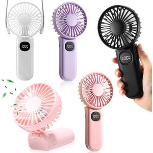 Pack of 4 Portable Handheld Fan with Lanyard 5 Speeds Neck Mini Foldable 180 Rechargeable Battery Operated Lash Quiet Small Personal Fan for Makeup Lash Travel Outdoor Office Camping