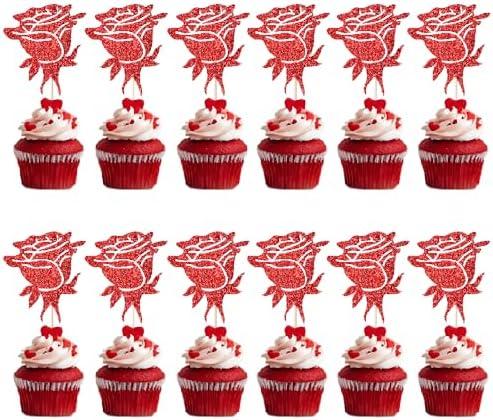 YQLXDHBD 12 Pcs Red Rose Flower Dessert Cupcake Topper，Birthday Mother's Day Valentine's Day Wedding Birthday Party Cake Decorations Supplies