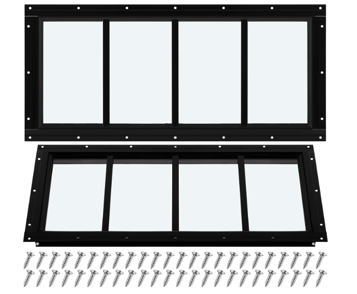 Tandefio 2 Pack Shed Window 10" x 23" Chicken Coop Flush Mount Windows with Tempered Glass, Aluminum Frame Black Outdoor Fixed for Chicken Coop Barn Playhouse Garage Basement with Screws