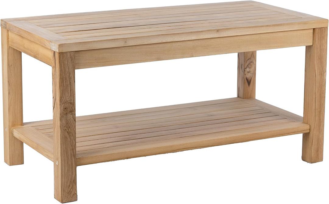 Teak Wood Side Table with Storage, Indoor and Outdoor Wooden Furniture for Deck, Porch, Balcony, Living Room, Bedroom and Backyard (36" D x 18" W x 16" H)