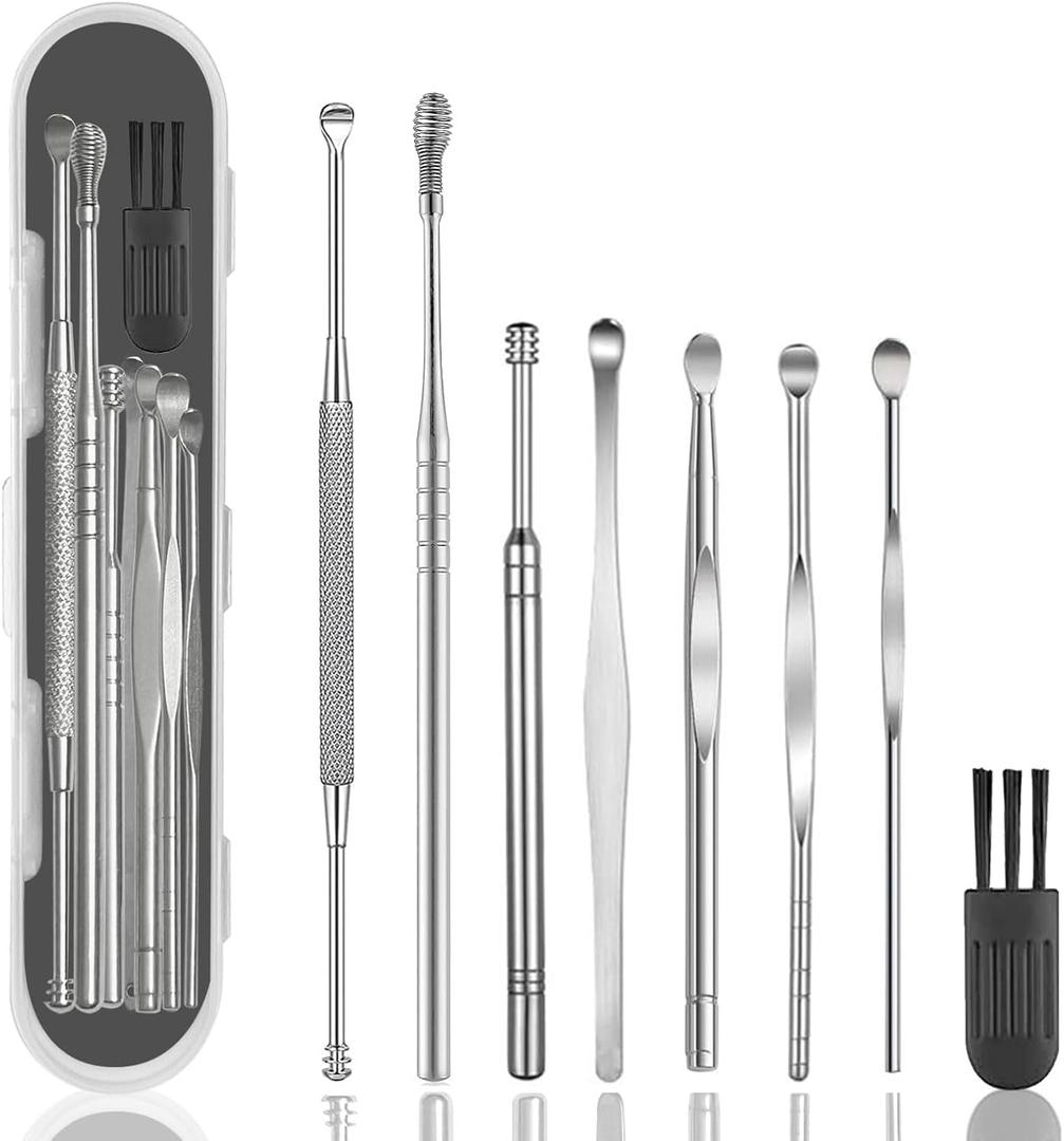 8 Pcs Ear Wax Removal Kit,Professional Double-Headed Ear Pick Earwax Removal Tools,316L Stainless Steel Ear Cleaner Curette with Cleaning Brush and Storage Box,Suit for Kid Adult(Silver)