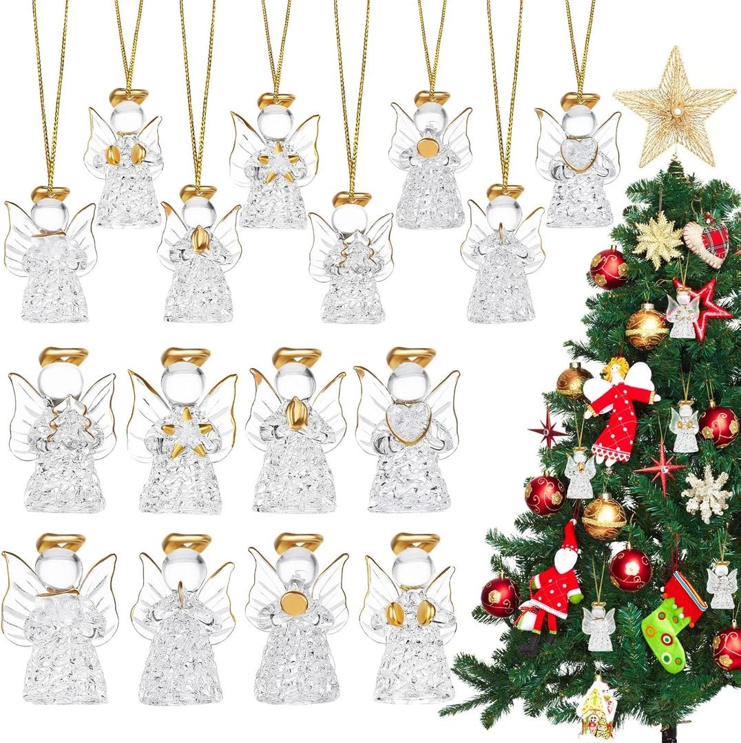 Chengu 16 Pieces Glass Angel Ornaments for Christmas Tree Clear Glass Ornaments Mini Hanging Blessing Crystal Angel Pendant Beautiful Christmas Tree Decorations for Xmas Party Decor