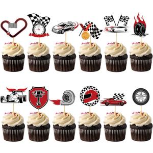 48 Pieces Race Car Cupcake Toppers Checkered Race Car Cupcake Picks for Racing Theme Party Baby Shower Birthday Party Decoration Supplies