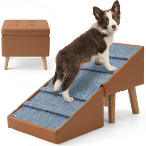 Dog Ramp & Stairs for Couch, 3-in-1 Steps Ottoman for Small Dogs | 15.7" H, 18.5" Extra Wide, Foldable & Hidden Storage Design, Non-Slip Ramp for Senior & Injured Pets (Camel)