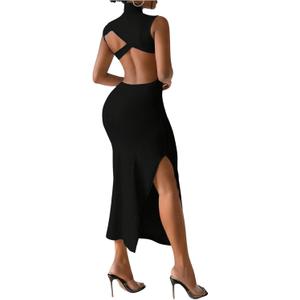 GORGLITTER Women's Open Low Back Cut Out Maxi Dress Summer Graduation Backless Night Out Bodycon Tank Long Sundresses (Medium, Black)
