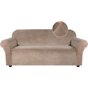 Turquoize Velvet Couch Covers Stretch Oversized Sofa Cover for 3 Cushion Large Couch Cover Thick Velvet Sofa Slipcovers with Non Slip Elastic Bottom Crafted from Soft Fabric (XL Sofa, Taupe)