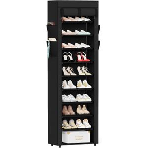 Mavivegue Shoe Rack with Cover, 10 Tier Tall Shoe Organizer for 18-22 Pairs of Shoes, Shoe Organizer with 4 Side Pockets, Shoe Cabinet for Entryway, Closet (Black)