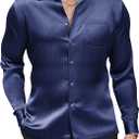 COOFANDY Men's Luxury Shiny Silk Like Satin Dress Shirt Long Sleeve Slim Fit Button Up Shirts (Navy Blue, X-Large)
