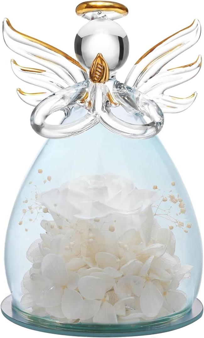 ANLUNOB Birthday Gifts for Grandma Mom - Glass Angel with Rose Inside - Gifts for Friends - Anniversary Wedding Christmas - Thanksgiving Day Gift for Her - Mother Day White Rose Gift (F-white)