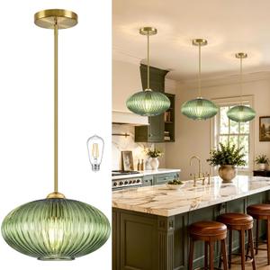 12" Mid Century Modern Pendant Light Green Vintage Pendant Lights Kitchen Island Ribbed Glass Pendant Light Adjustable Hanging Pendant Light for Dining Room Bedroom (Bulb Included)