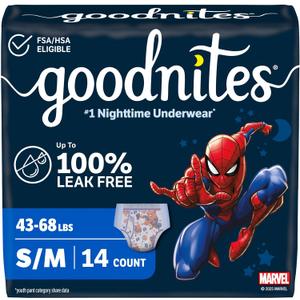 Goodnites Boys' Nighttime Bedwetting Underwear, Size S/M (43-68 lbs), 14 Ct, Packaging May Vary