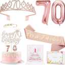 70th Birthday Gifts Decorations for Women, Including 70th Cake Toppers, Birthday Queen Sash with Pearl Pin, Sweet Rhinestone Tiara Crown, Number Candles and Balloons Set, Rose Gold