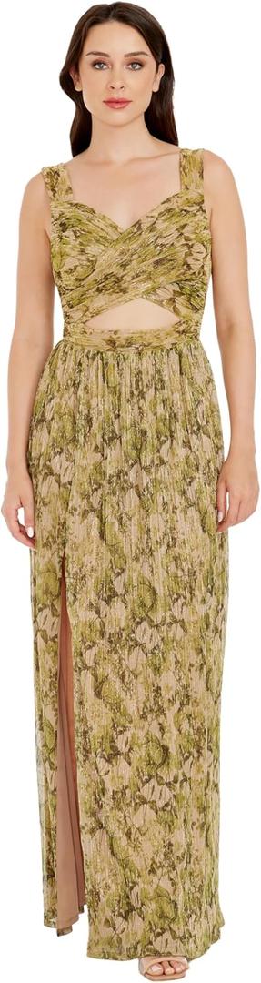 Dress the Population Women's Mirabella Pleated Plisse Knit, Maxi, Fit and Flare, Sweetheart Neck Dress, Lime Green, XXS