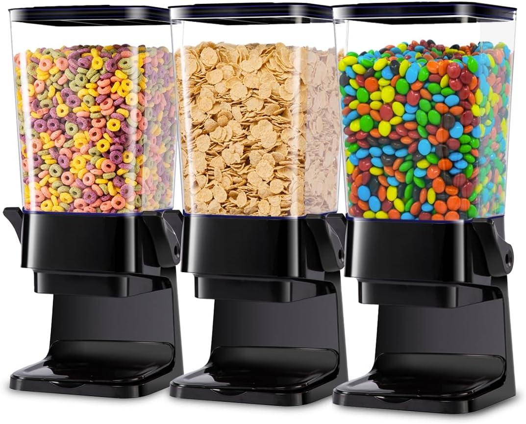 Cereal Dispenser Countertop with Lids, 5L Organization and Storage Containers for Kitchen and Pantry, Rice Dispenser for Food, Cereal, Beans, Nuts, Snack, Oatmeal, Dog Food, Bird Seed, Black, 3Pc
