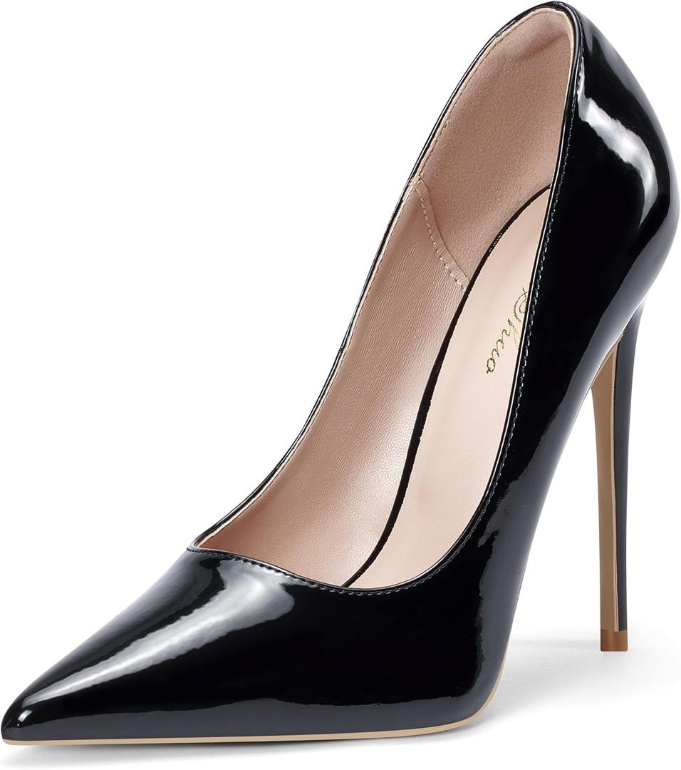 Elisabet Tang Women Pumps, Pointed Toe High Heel 4.7 inch/12cm Party Stiletto Heels Shoes Matte (8, Black Patent Leather)