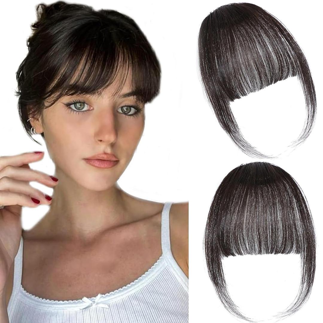 Clip in Bangs 100% Real Human Hair Extensions Wispy Brown Black Fake Bangs Hair Clip on bangs for women Fringe with Temples Hairpieces Faux Bangs for Daily Wear