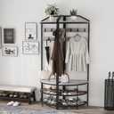 GiftGo Grey Corner Hall Tree with Shoe Bench Entryway Coat Rack with 10 Metal Movable Hooks Rustic Farmhouse Floorstanding Clothes Rack Shoes Shelf Organizer for Home Office Bedroom (Greige), 71.3" X 19.7" X 19.7"