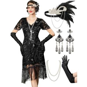 YESSA Flapper Dresses 1920s,Great Gatsby Dresses for Women Fringe Roaring 20s Costumes with 20s Accessories for Harlem Nights (X-Large, Black)