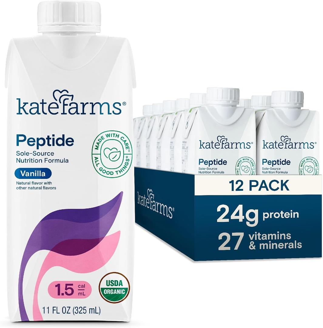 KATE FARMS Organic Adult Peptide 1.5 Formula, Vanilla, Sole-Source, Hydrolyzed Plant-Based Nutrition for Oral or Tube Feeding, 11 Fl oz (12 Pack) (EXP 01/08/27)