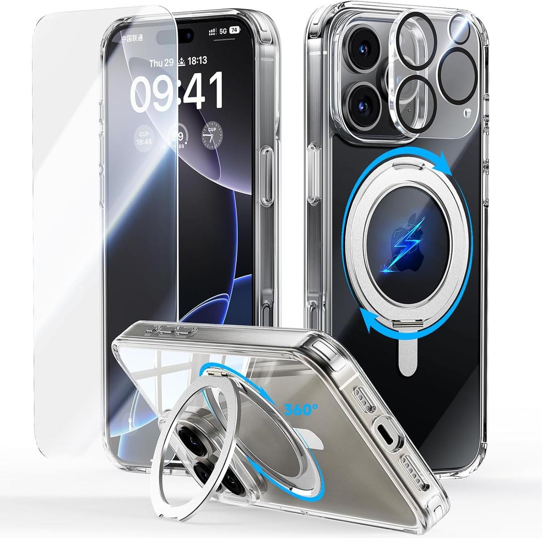 JUESHITUO 3 in 1 for iPhone 16 Pro Case, [Non-Yellowing] 360 Rotatable Magnetic Ring Stand with [1X Screen Protector + 1X Camera Lens Protector], 6.3" iPhone 16 pro case Clear