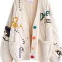 Women's Cable Knit Long Sleeve Open Front Cardigan Sheep V-Neck Button Down Embroidery Wool Blend Sweater Coat Outwear (Medium, Beige)