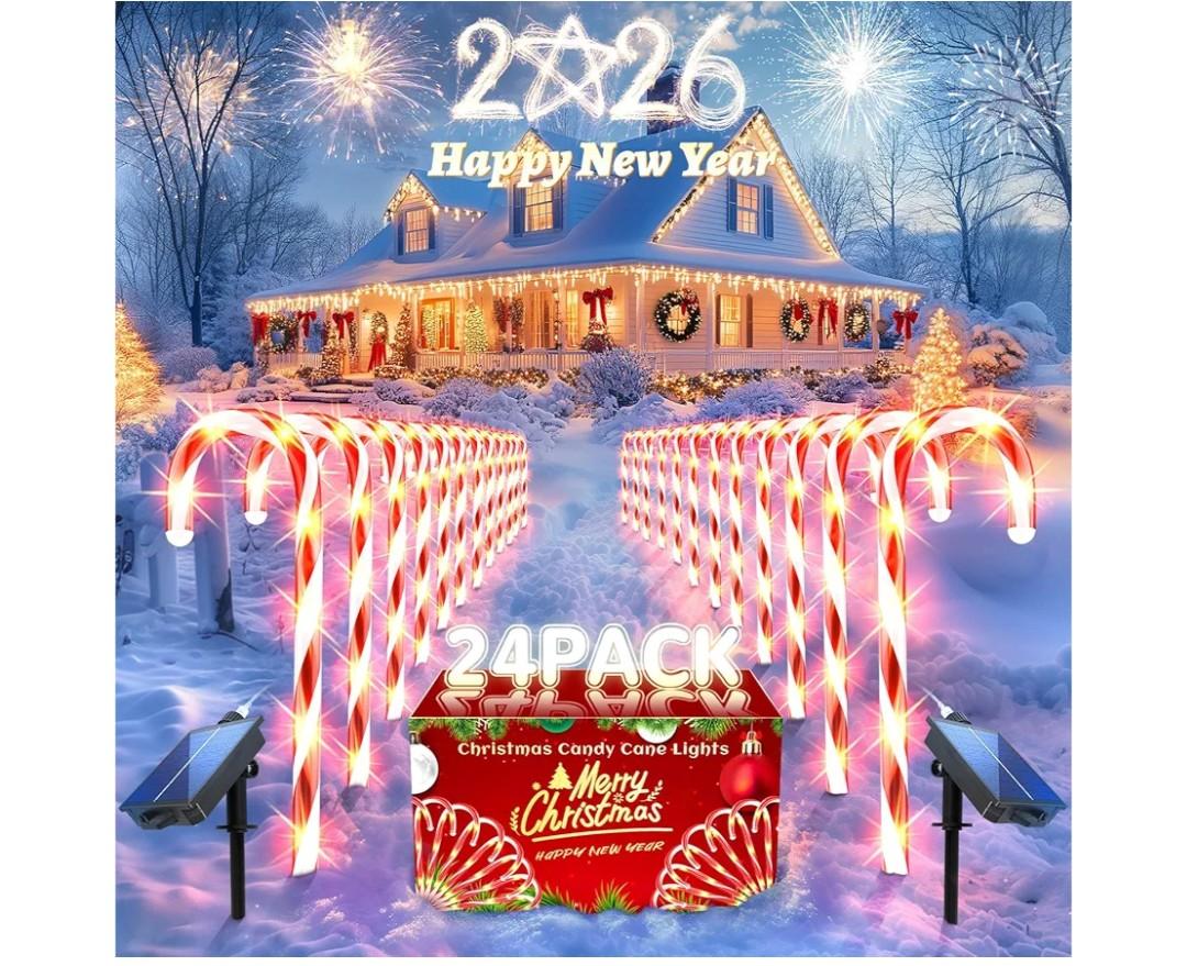 Anordsem Solar Christmas Decorations Outdoor: 24 Pack Candy Cane Pathway Stake Lights - 15" Waterproof LED 8 Lighting Models Yard Garden DIY Decor - 2026 Xmas Gifts for Homeowners