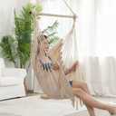 Hammock Chair, Hanging Rope Swing Seat with 2 Cushions,Macrame Hanging Chair Side Pocket with High Load-Bearing Metal Rod,for Indoor, Outdoor, Extra Comfortable