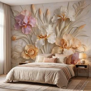 3D Floral Peel and Stick Wallpaper Self Adhesive Cream Iris Flower, 134" x 96"