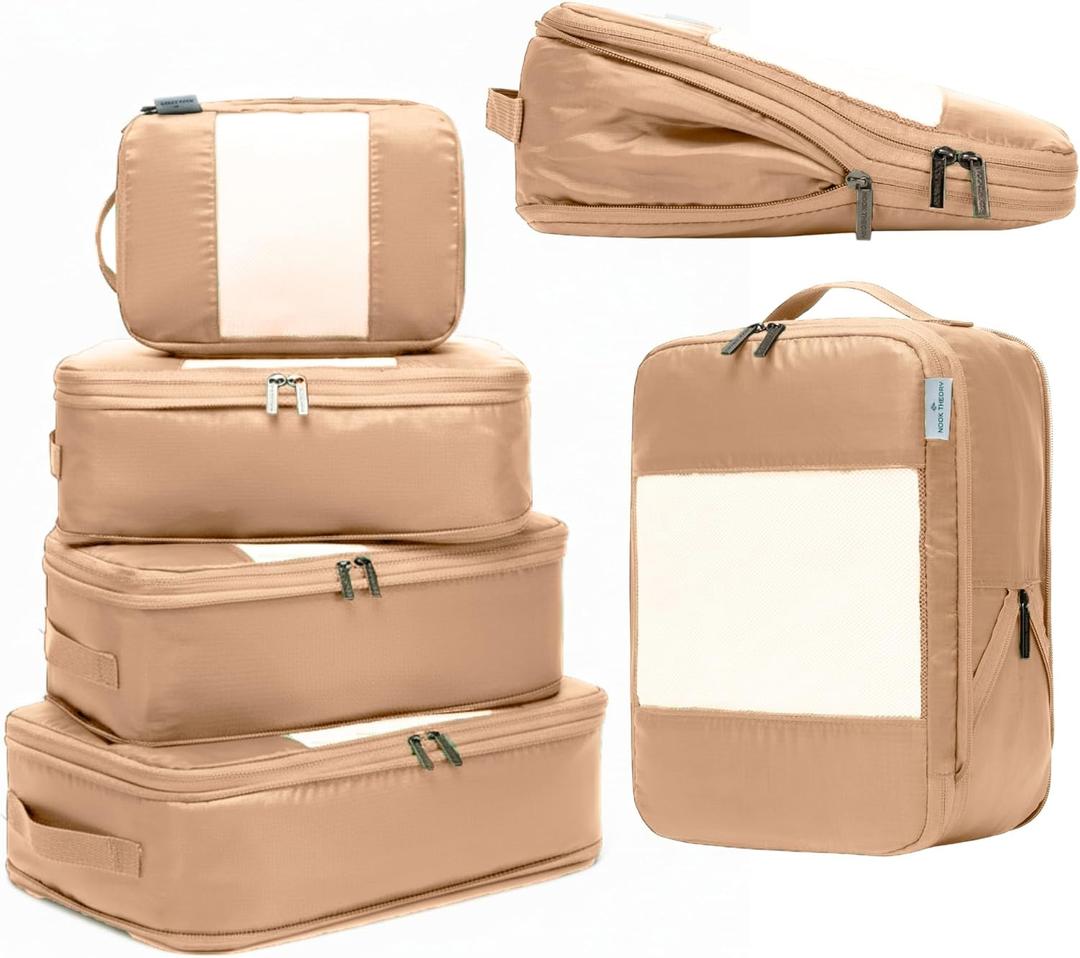 6-Pack Large Compression Packing Cubes for Travel - Lightweight Compression Packing Cube Set, Water-Resistant Luggage Organizer Bags & Suitcase Organizers, Travel Cubes for Carry-On, Checked Luggage (Mocha)