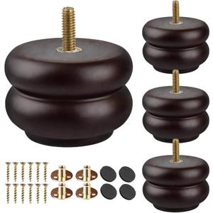 3 inch / 7cm Wooden Furniture Legs, Pack of 4 Classic Walnut Solid Wood Turned DIY Replacement Bun Feet with M8 Hanger Bolts & T-Nuts for Sofa Couch Cabinet Ottoman Bed Riser