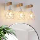 Farmhouse Vanity Light for Bathroom, 3-Light White Wood Bathroom Vanity Light Fixtures Over Mirror, Rustic Sconces Wall Lighting with Metal Lampshade for Living Room, Bedroom, Hallway