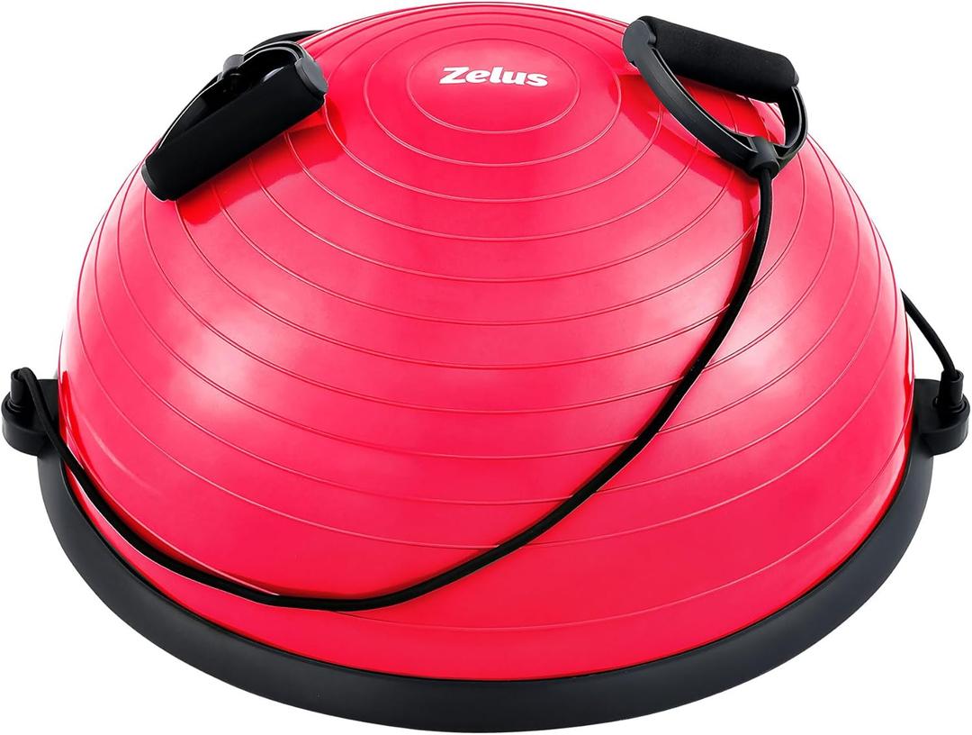 ZELUS Balance Ball Trainer with Resistance Bands and Foot Pump, Inflatable Yoga Ball for Home Gym Workouts, 23 Inch Exercise Half Ball for Balance Training Core Strength Fitness More, 330lb Cap (Pink)