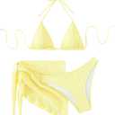 SHENHE Women's 3 Piece Textured High Cut Halter Triangle Bikini Swimsuit with Cover Up (Large, Yellow Plain)