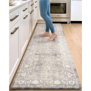 DEXI Kitchen Floor Mats Cushioned Anti Fatigue, 23x86 Long Wide Standing Comfort Runner Rug, Waterproof Retro Floral Memory Foam Padded for Front Sink Laundry, Beige Grey