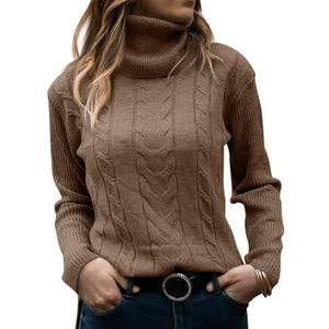 Langwyqu Womens' Turtleneck Long Sleeve Cable Knit Sweaters (Medium, Brown)
